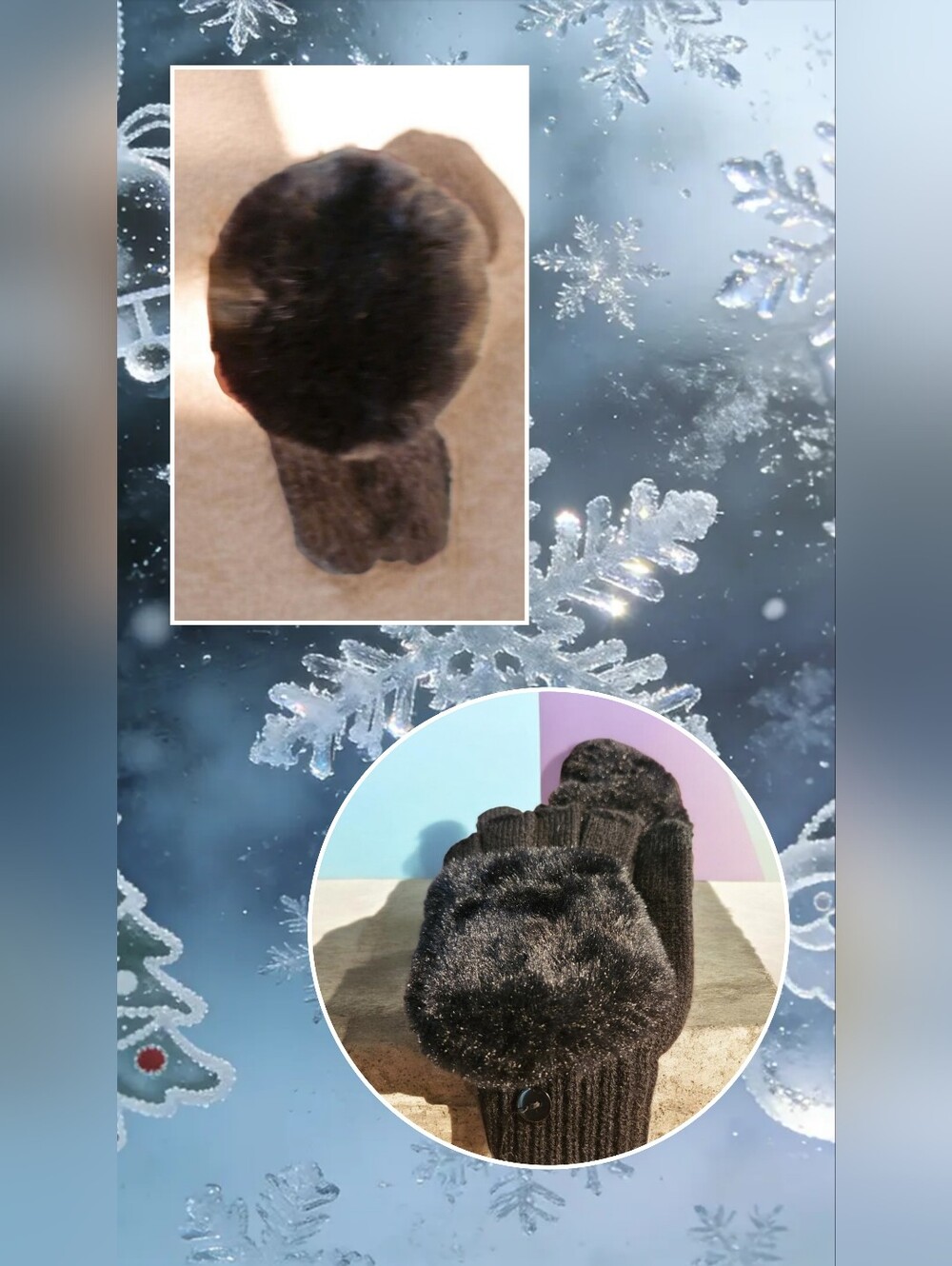 Black Faux Fur Open Finger Gloves & Knit Headband Style Fur Ear Muff Set■firm